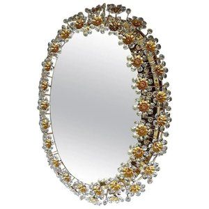 Palwa Backlit Flower Wall Mirror Oval Gilt Faceted Crystal Glass 1970s MCM
